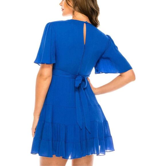 NWT B DARLIN Womens Blue Tie Back Skirt Lined Flutter Sleeve Short Dress 1\2 - Picture 2 of 3